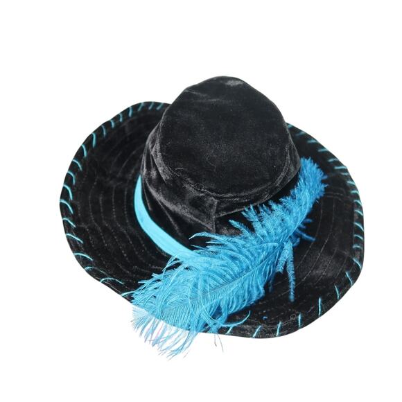Vintage black velvet wide brim western hat with blue feather - Picture 4 of 8